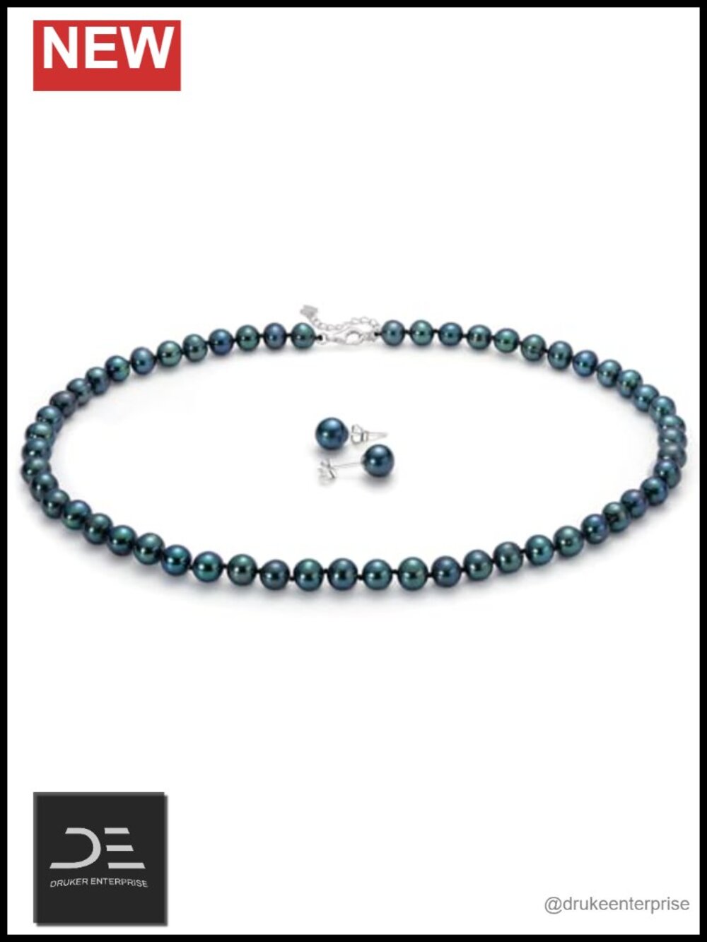 Tahitian Cultured Black Pearl Necklace & Earrings Set 7.5-8mm Sterling Silver